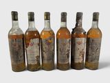 six bouteilles de vin posées les unes à côté des autres sur une surface blanche