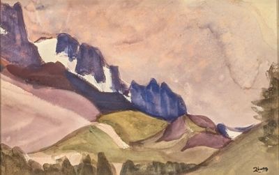 painting of a painting of a mountain range with snow on the top