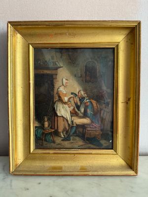un vieux tableau représentant une femme assise sur un canapé à côté d'un homme
