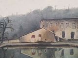 a painting of a house by a body of water