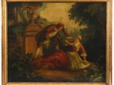an old painting of a man and a woman in a wooded setting