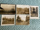 several old black and white photos of a city with buildings