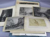 several black and white photographs of mountains and trees on a blue surface
