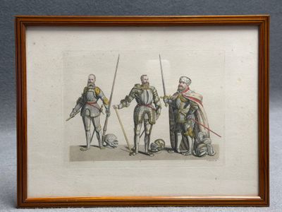 Trois chevaliers. Gravure encadrée réhaussée d'après Raineri…