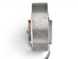 a close up view of a silver watch with a metal band