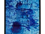 a blue abstract painting on a white wall with a black frame