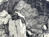 a black and white drawing of a man on a cliff