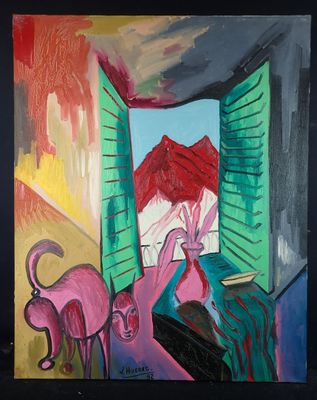 painting of a painting of a cat and a cat on a window sill