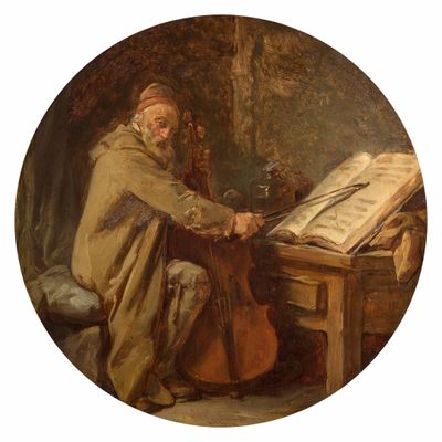 tableau représentant un homme assis à une table avec un violon et un livre