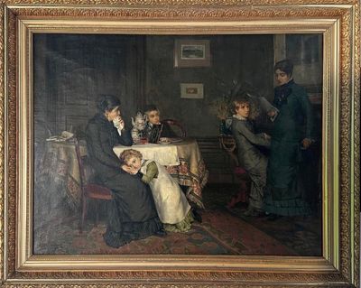 peinture d'un groupe de personnes assises autour d'une table dans une pièce
