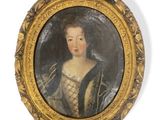 portrait d'une dame en robe bleue dans un cadre doré