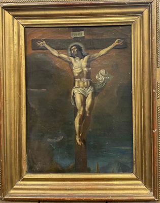 an old painting of jesus on the cross in a gold frame