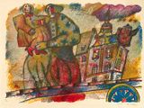 tableau représentant des clowns tirant une charrette, avec un bâtiment en arrière-plan
