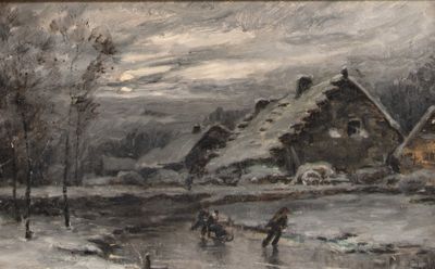 painting of a winter scene with a horse drawn sleigh in the foreground
