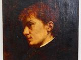 une peinture à l'huile représentant une femme aux cheveux roux vêtue d'une robe noire