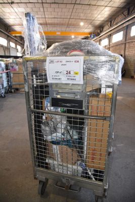 a cart with a lot of items in it in a warehouse