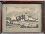three framed pictures of a farm scene in a wooden frame
