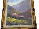 une peinture à l'huile représentant un paysage de montagne avec une vallée au premier plan