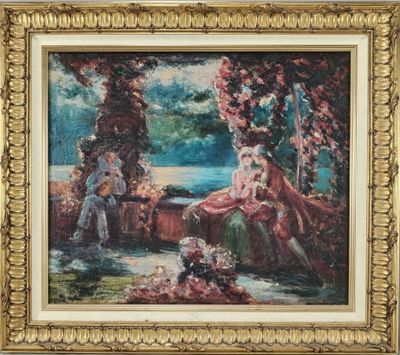 une image représentant un tableau où l'on voit une femme assise sur un banc dans un jardin