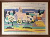 a painting of a village with a church in the background