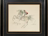 dessin encadré représentant un cheval avec un cavalier sur le dos