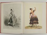 an open book with two illustrations of a woman in a dress and a woman in a dress