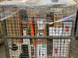 a cart with a bunch of items in it in a warehouse