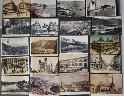 a lot of old pictures of different cities on the wall