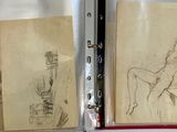 a drawing of a woman sitting on a chair next to a drawing of a man