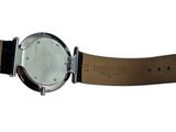 wrist watch with black leather band and white face