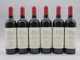 six bouteilles de vin rouge sont alignées