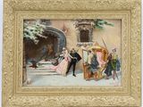 painting of a man and a woman standing in front of a building
