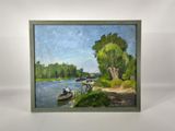 painting of a river scene with boats on the water and trees