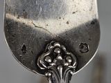 a silver spoon with a handle that has a flower design on it