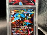 a pokemon card in a clear plastic holder on a table