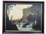 une peinture à l'huile représentant une cascade dans un paysage rocheux parsemé d'arbres