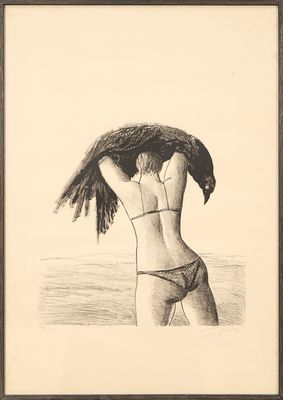 dessin représentant une femme en bikini tenant un oiseau au-dessus de sa tête