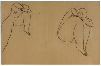 two drawings of a woman sitting on her knees and a man standing on her knees