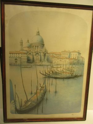 tableau représentant une scène d'un canal de Venise avec des gondoles et une église