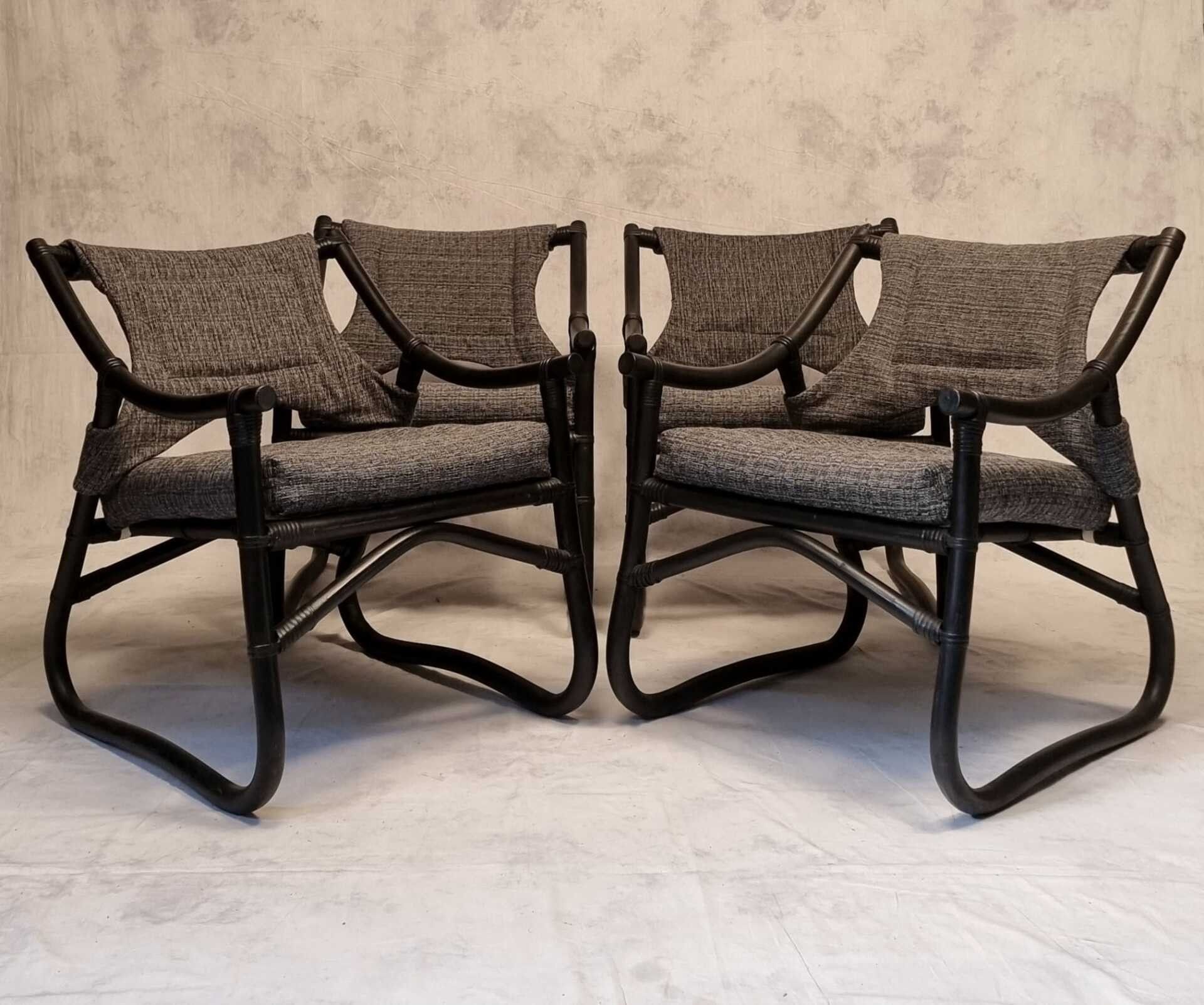 4 fauteuils bambou noirci 1980.