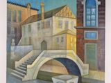 une peinture représentant un bâtiment et une tasse posée sur une table