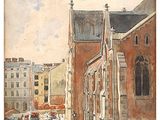 an image of a painting of a street scene with people walking
