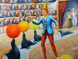 tableau représentant un homme jonglant avec des otaries dans un cirque