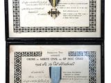 deux plaques encadrées sur lesquelles figurent une médaille et une croix