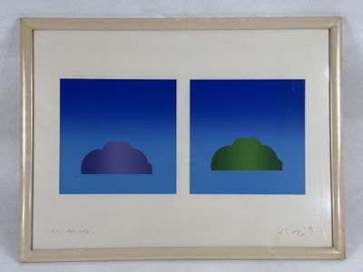 an image of a picture of two blue and green mountains