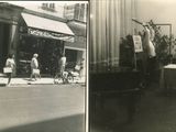 two black and white photos of people walking down a street