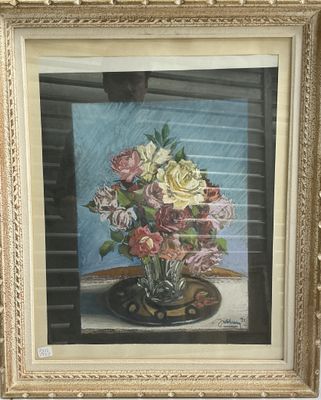 une peinture de fleurs dans un vase sur une table