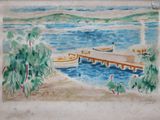 une photo d'un tableau représentant un bateau amarré à un quai