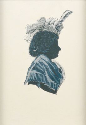 drawing of a woman in a feathered hat with a feather on her head