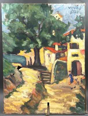 une peinture représentant une peinture d'une maison sur une colline
